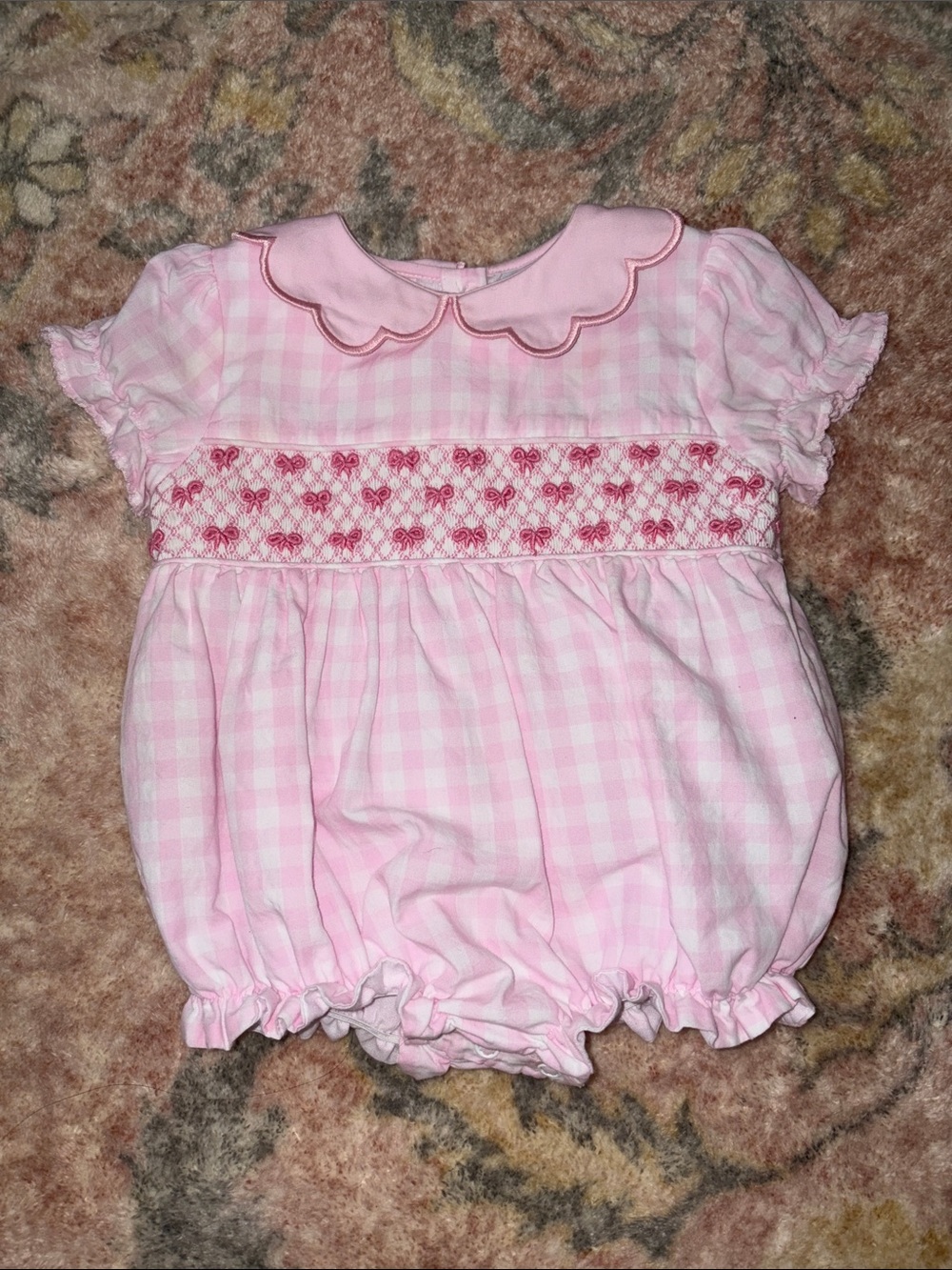 Classic Pink Gingham Bow Smocked Baby Bubble